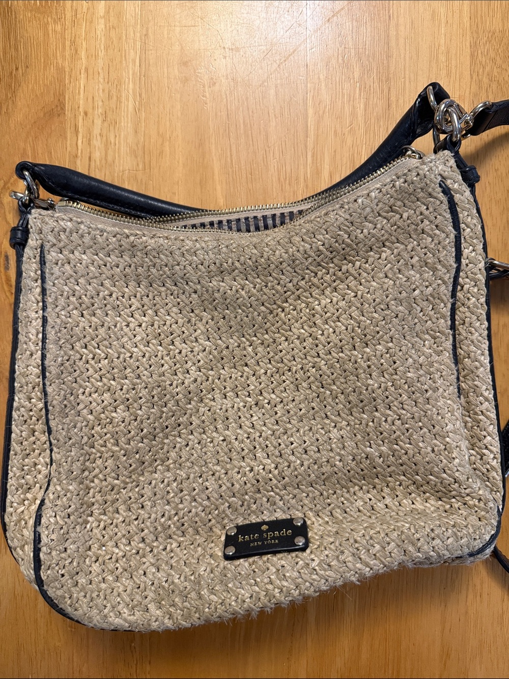 kate spade Natural Woven Shoulder Bag with Black Trim